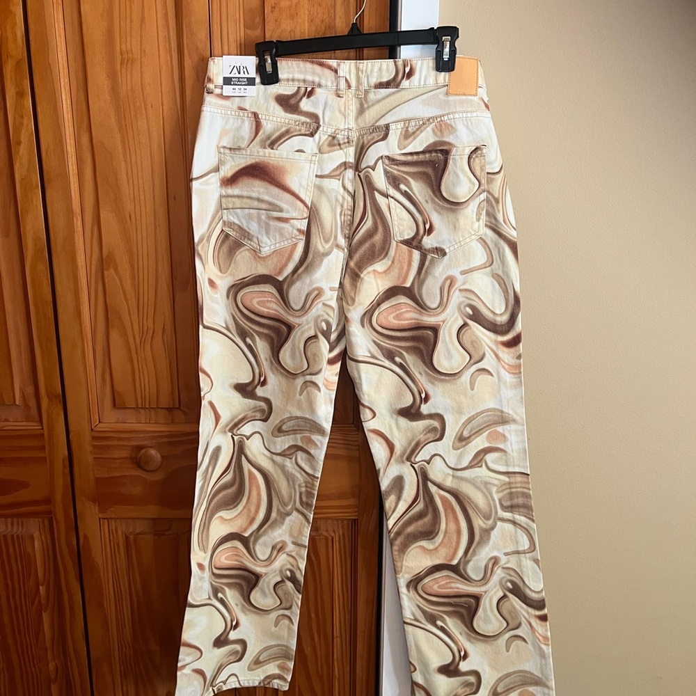 Zara Abstract Swirl Jeans in Brown and Cream NWT Sz 12